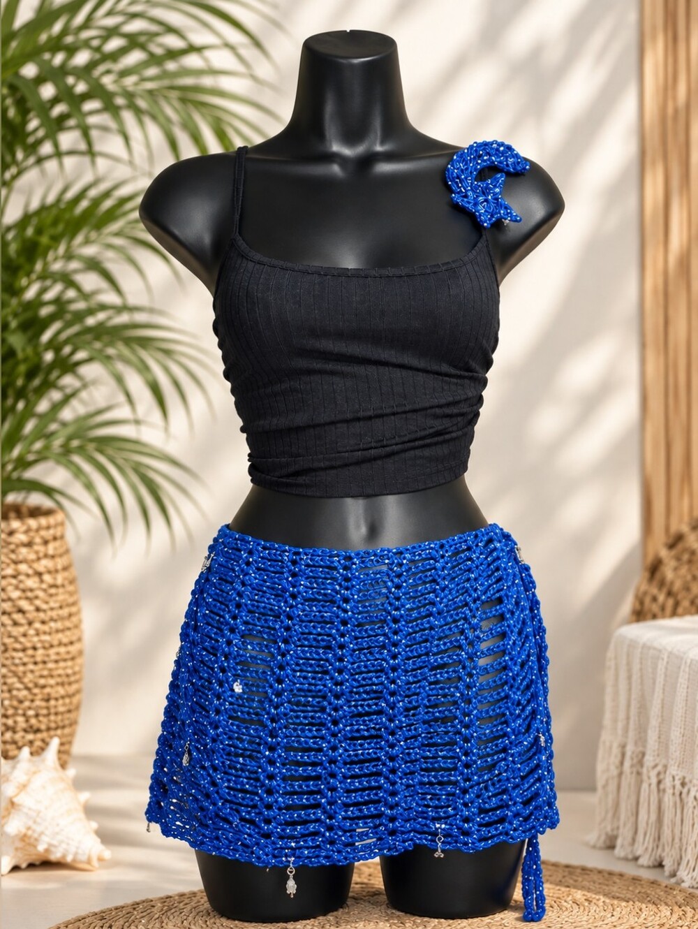Handmade Blue Crochet Diamond Mesh Sarong With Lily Applique Clamp, Multi Size